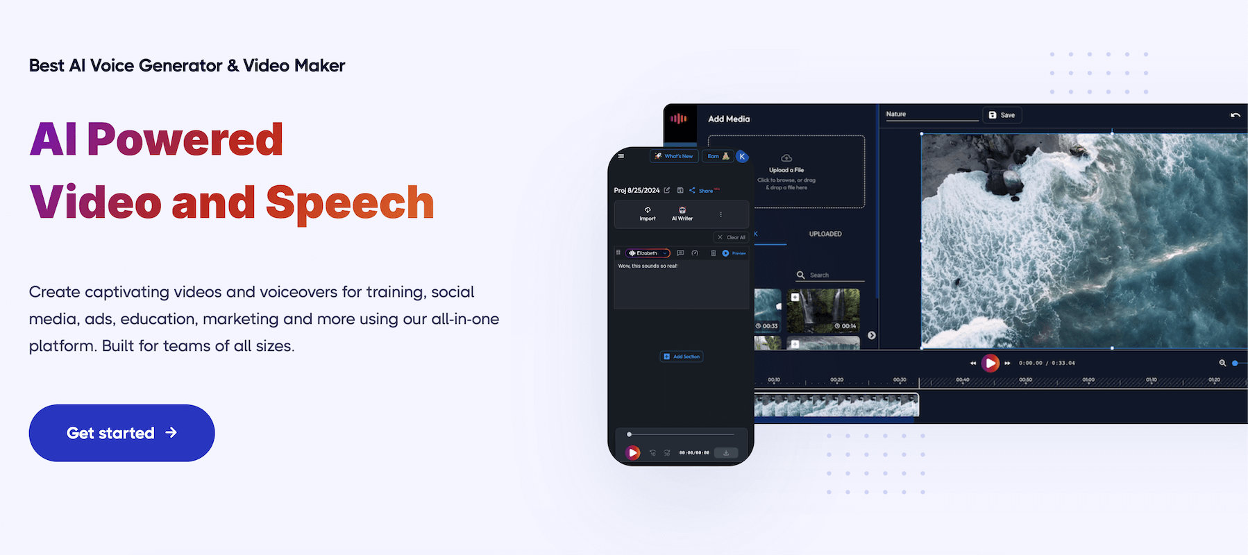 Acoust AI banner with realistic voices, MP3 downloads, and video tools